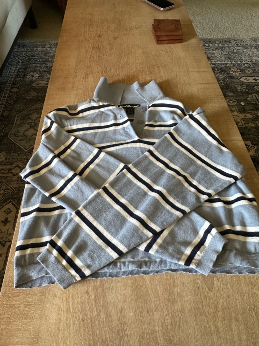 Charlotte Russe Light Blue and Navy Striped Zip Mock Neck Sweater